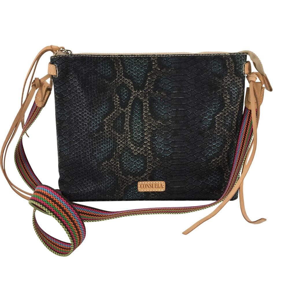 Consuela Rattler Leather Downtown Crossbody Purse Handbag Bag Snake Print Black
